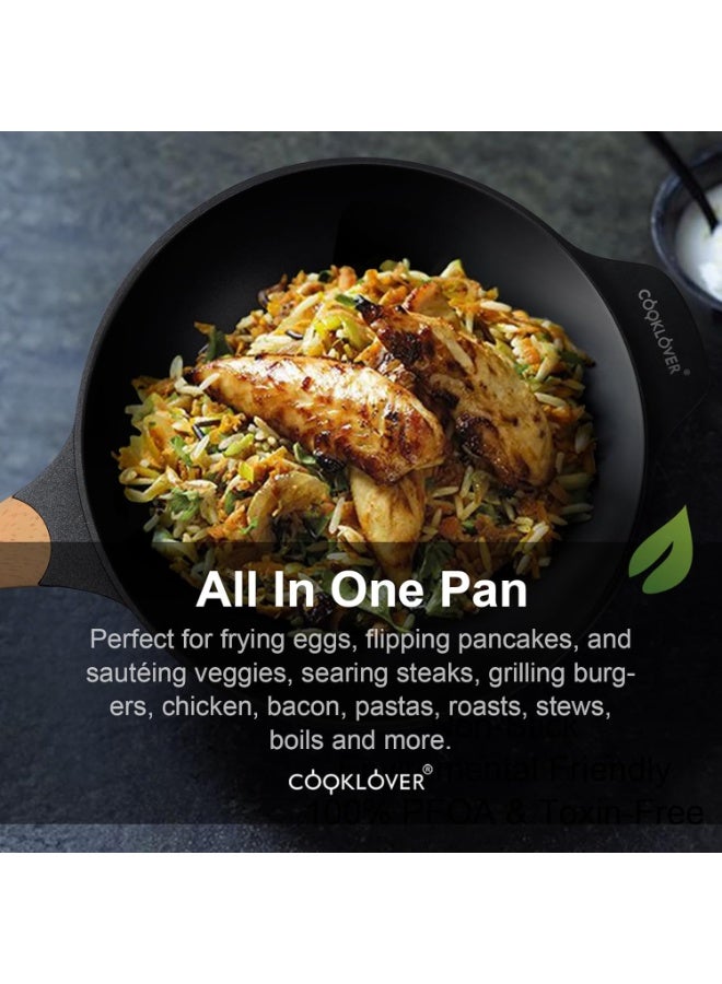 COOKLOVER Nonstick Woks And Stir Fry Pans Die-cast Aluminum Scratch Resistant 100% PFOA Free Induction Wok pan with Lid 12.6 Inch - BK - Image 3